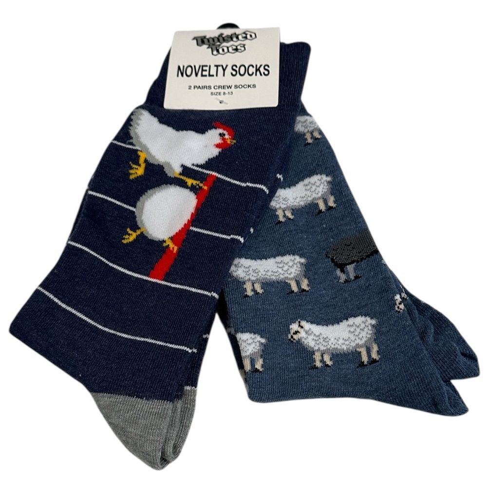 Twisted Toes Crew Socks Mens 8-13 NEW 2 Pair Rooster Sheep Novelty Socks